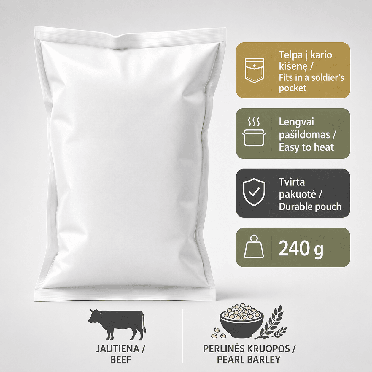 jautienos-konservas-maisto-davinys Troškinta jautiena su perlinių kruopų koše 240 g – konservas minkštoje pakuotėje - Image 1