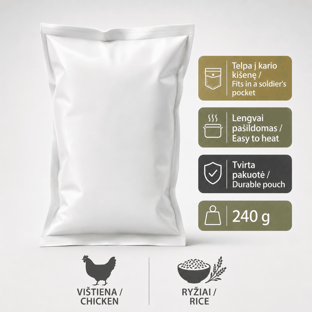 vištienos-konservas-maisto-davinys Troškinta vištiena su ryžių koše 240 g – konservas minkštoje pakuotėje - Image 1
